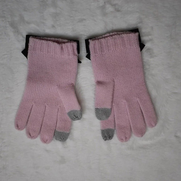 Kate Spade NY O/S Pink Bow Tech Knit Winter Gloves Mittens Grosgrain Wool Blend - Picture 2 of 8